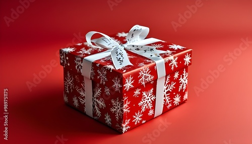 Festive Red Gift Box Adorned with White Ribbon and Snowflake Design Celebrating Joy and Christmas Cheer on Vibrant Red Background