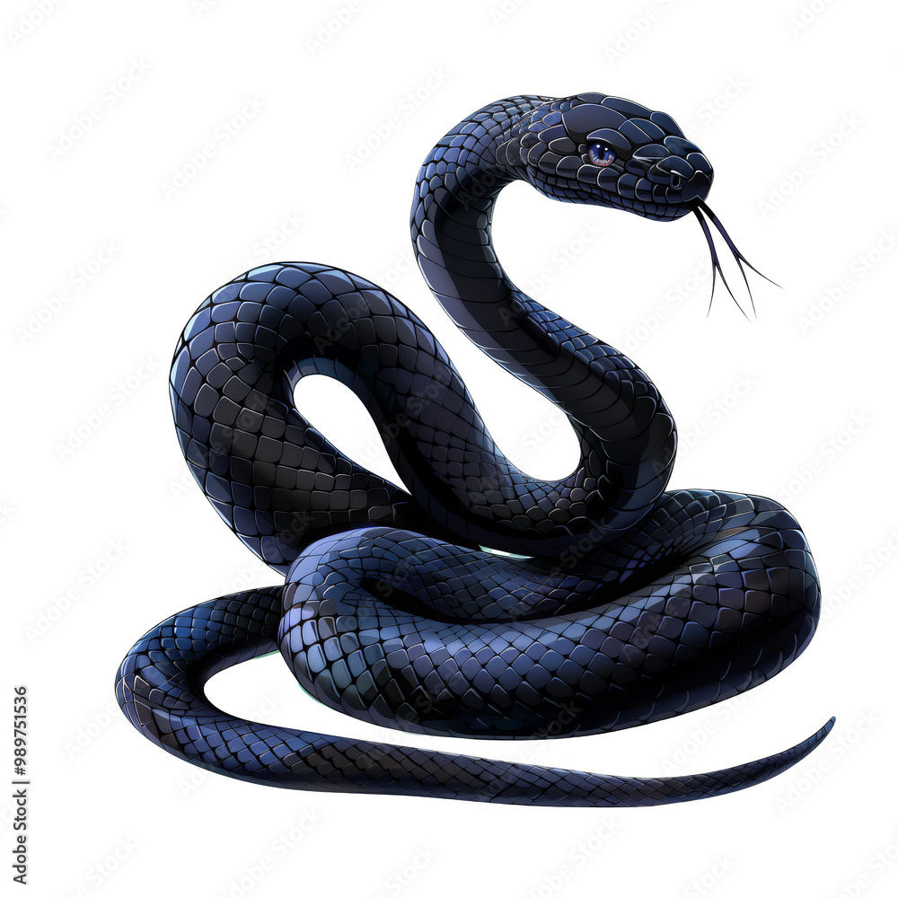 A black snake with a dark blue underbelly coiled in a defensive posture with its head raised. A black snake with a dark blue underbelly coiled in a defensive posture with its head raised.