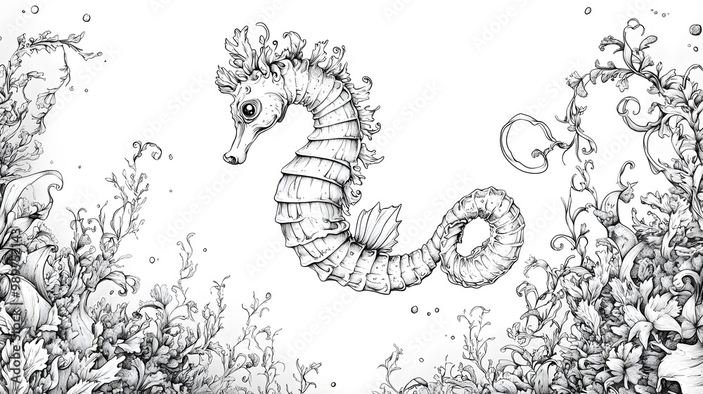 Fototapeta premium Graceful Seahorse Floating Among Seaweed