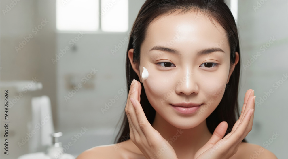 Young asian woman with healthy, clean skin applying cream. Skin Care concept. Dailly beauty and spa routine Young asian woman with healthy, clean skin applying cream. Skin Care concept. Dailly beauty and spa routine