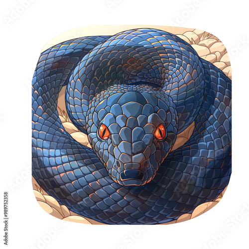 A close-up of a blue snake with red eyes, curled up on a white background. photo