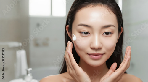 Young asian woman with healthy, clean skin applying cream. Skin Care concept. Dailly beauty and spa routine photo