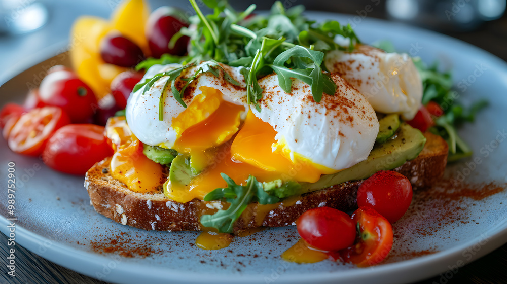Delicious Brunch Plate with Avocado Toast and Poached Eggs Delicious Brunch Plate with Avocado Toast and Poached Eggs