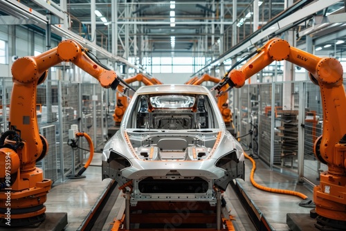 Modern factory interior showing orange robotic arms assembling electric vehicles