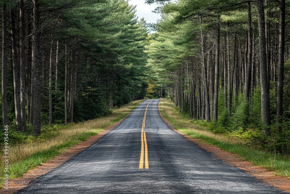 Fototapeta premium Road disappearing into the distance among tall pines, endless possibilities
