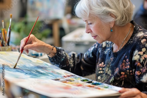 A senior woman in a watercolor painting class, carefully applying paint to her canvas, as she learns new techniques