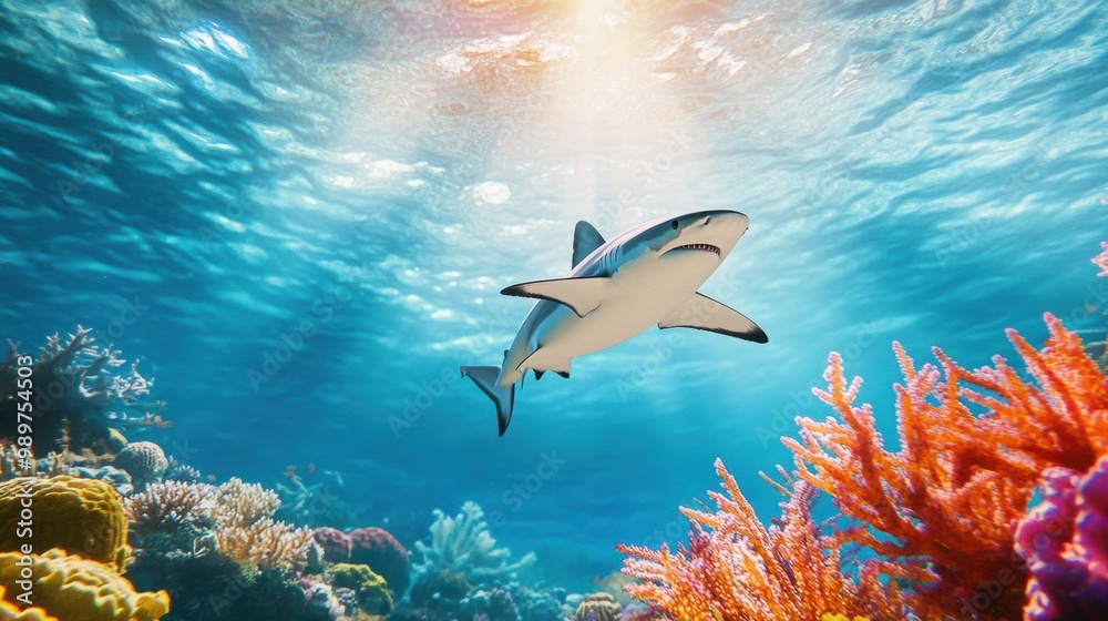 Fototapeta premium Vibrant Underwater Scene with Shark and Coral Reef