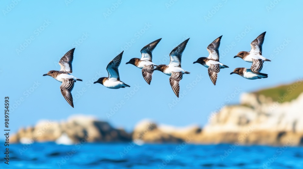 Obraz premium Birds in Flight Over Blue Ocean Water