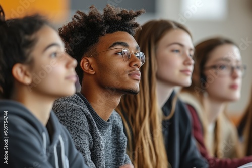 A small group of students attentively listening to a professor's lecture, symbolizing the importance of personalized instruction and collaboration in the learning process