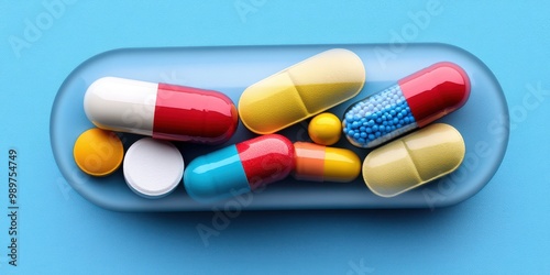 Colorful Pills in Capsule on Blue Background