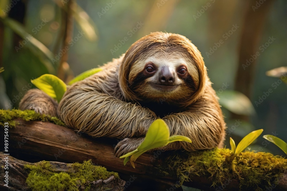 Naklejka premium Sloth Amidst Colorful Rainforest Flora in the Early Morning Light