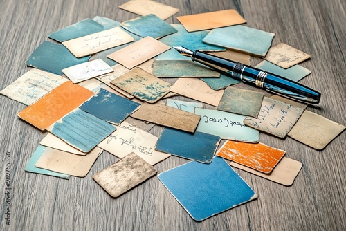 A collection of vintage postcards, faded with time, spread out on a wooden table with a fountain pen nearby photo