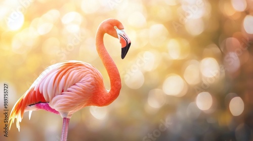 Pink Flamingo in a Golden Bokeh photo