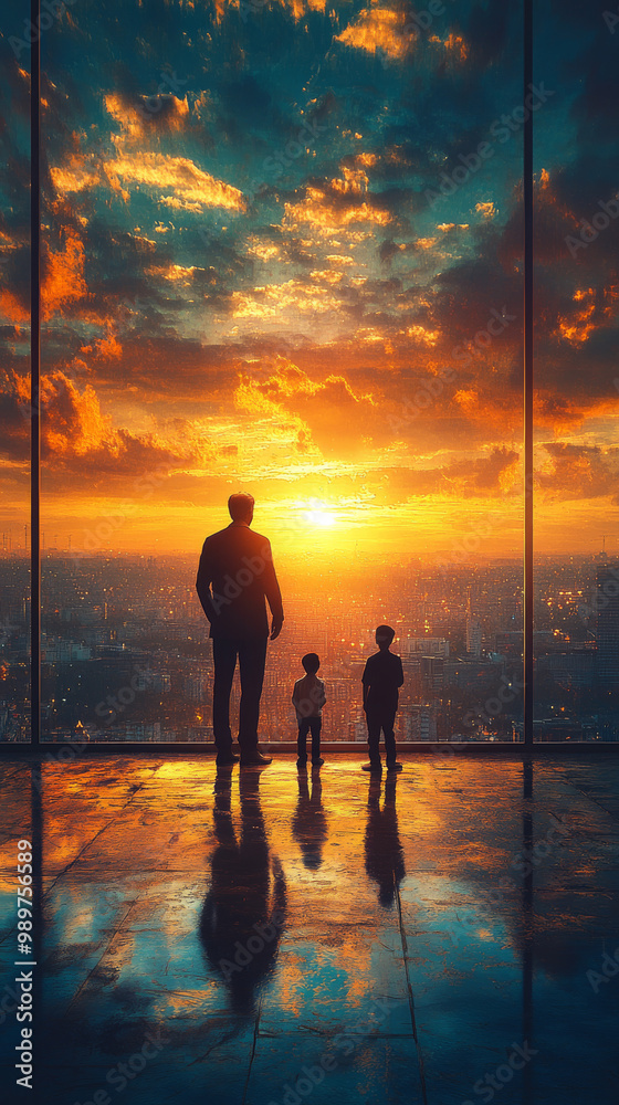 Silhouettes of a father and two sons standing by a window, looking out at a city skyline during a sunset. Silhouettes of a father and two sons standing by a window, looking out at a city skyline during a sunset.