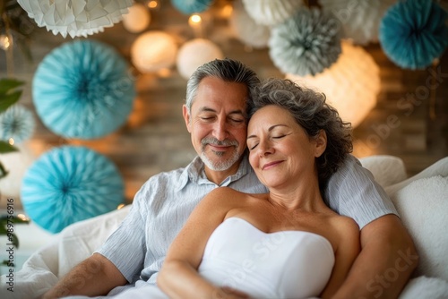 High-resolution brightly lit photorealistic candid photograph of a senior couple in a spa, basking in the peaceful atmosphere created by calming spa decorations, smiling gently as they relax