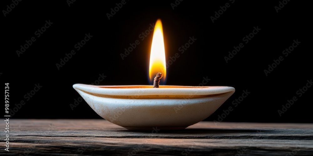 Burning Candle in White Ceramic Dish on Wooden Table Burning Candle in White Ceramic Dish on Wooden Table
