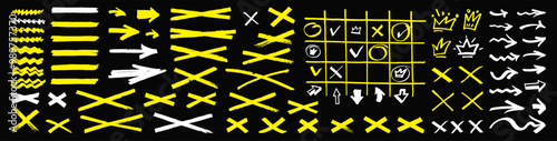Yellow chisel point marker lines, arrows, crowns. Hand sketched underlines, frames, tick boxes. Notebook scrapbook lines pack. Vector abstract office black board or presentation infographic elements