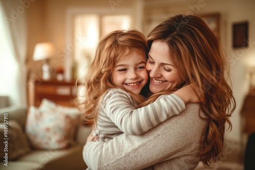 High-resolution brightly lit photorealistic candid photograph of a loving mother embracing her daughter in a beautifully lit living room. The photograph has a light, bright, and cheerful ambiance,