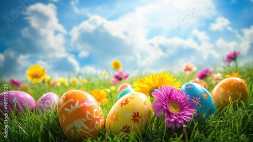 Bright Easter eggs in a grassy field with colorful flowers and blue skies in the background.