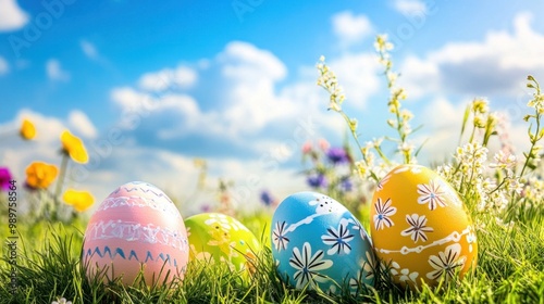 Bright Easter eggs in a grassy field with colorful flowers and blue skies in the background.