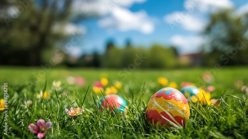 Bright Easter eggs in a grassy field with colorful flowers and blue skies in the background.