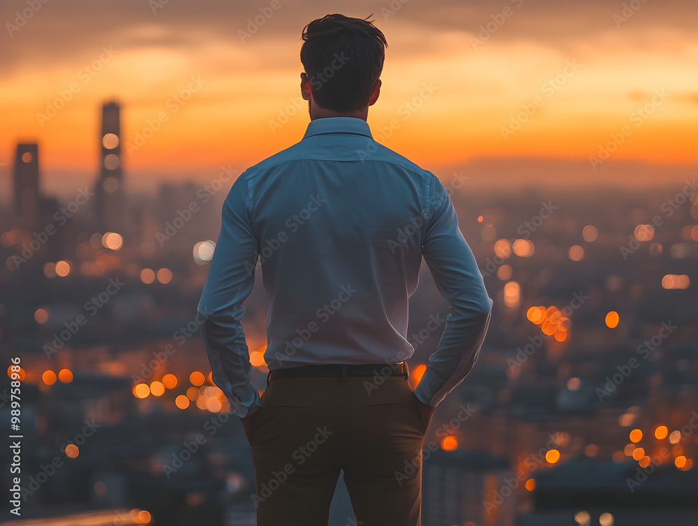 Man Contemplating City Skyline at Sunset in Business Attire Man Contemplating City Skyline at Sunset in Business Attire