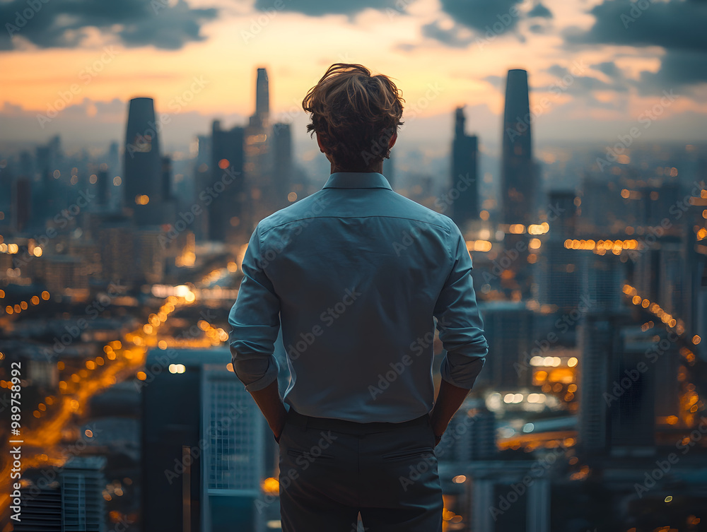 Man Standing Silhouette Overlooking Urban Cityscape Skyline at Sunset Man Standing Silhouette Overlooking Urban Cityscape Skyline at Sunset