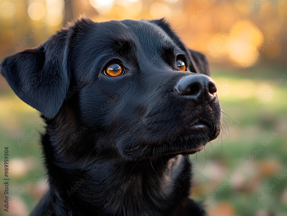 Portrait of a Loyal Black Labrador Puppy Surrounded by Autumn Leaves in a Scenic Outdoor Park Portrait of a Loyal Black Labrador Puppy Surrounded by Autumn Leaves in a Scenic Outdoor Park