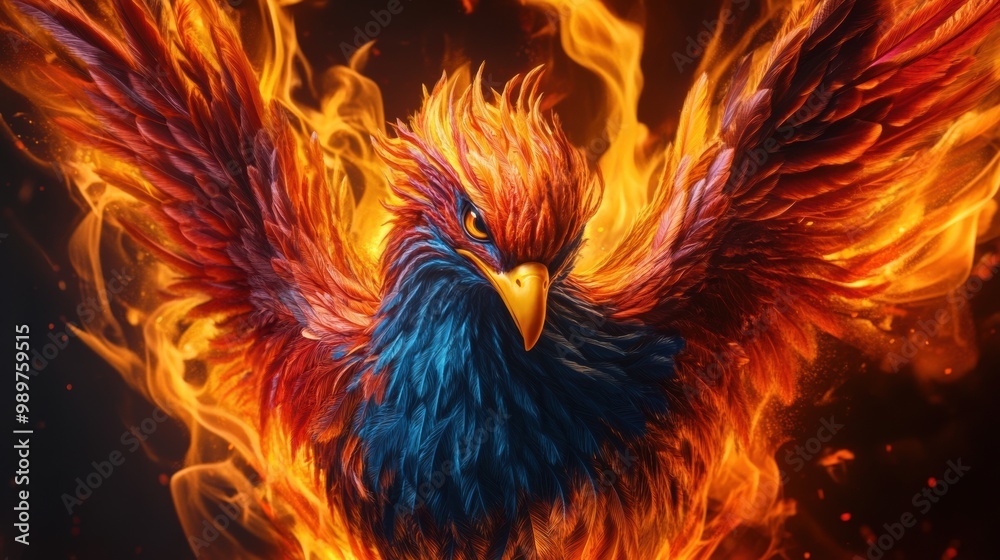 Fototapeta premium Fiery Phoenix Rising from Flames in Bright Colors