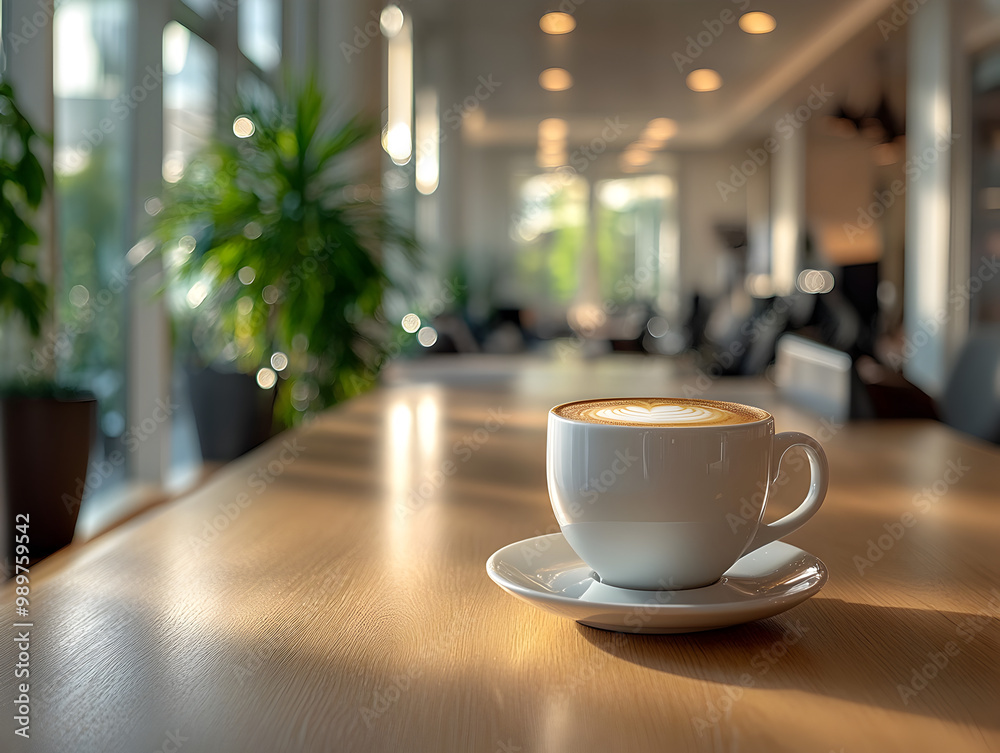 Cozy Morning Coffee Scene in Modern Cafe with Soft Light and Greenery Cozy Morning Coffee Scene in Modern Cafe with Soft Light and Greenery
