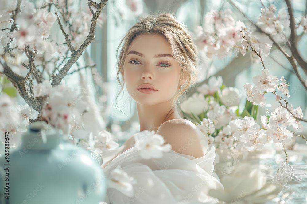 High-resolution brightly lit photorealistic candid photograph of a beautiful presenter woman in a spa, surrounded by delicate flowers and soothing spa decorations, exuding peace and relaxation. The High-resolution brightly lit photorealistic candid photograph of a beautiful presenter woman in a spa, surrounded by delicate flowers and soothing spa decorations, exuding peace and relaxation. The