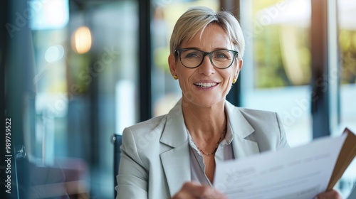 Fototapeta Naklejka Na Ścianę i Meble -  Smiling mature business woman hr holding cv document at job interview. Happy mid aged professional banking manager or lawyer consulting client sitting at workplace in corporate office meeting.