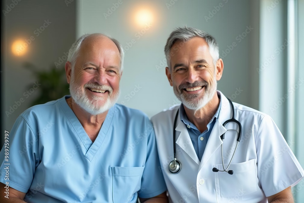 Experienced Medical Team: Cheerful Senior and Middle-Aged Doctors Collaborating in Hospital Environment Experienced Medical Team: Cheerful Senior and Middle-Aged Doctors Collaborating in Hospital Environment