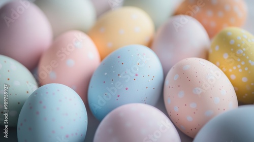 Close-up of beautifully painted Easter eggs in soft pastel shades, resting on a white background.