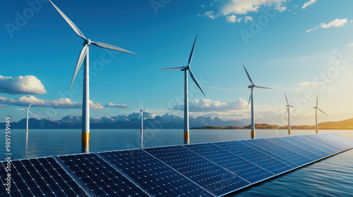 Harnessing renewable energy, this image showcases wind turbines and solar panels reflecting commitment to sustainability. serene water and mountains enhance scenes beauty