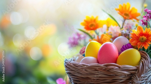 Close-up of brightly colored eggs in a basket, with vibrant spring flowers in the background.