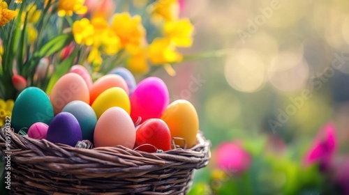 Close-up of brightly colored eggs in a basket, with vibrant spring flowers in the background.