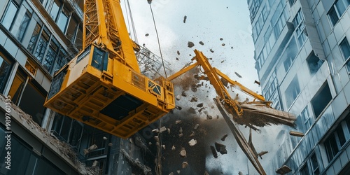 Crane collapsing on partially built structure during construction industrial accident chaos machinery debris. AI generated