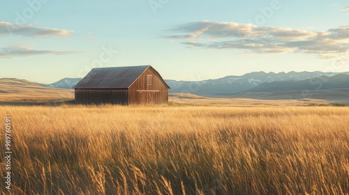 A lone barn stands in a field of golden wheat, backed by a mountain range and a sky full of clouds.