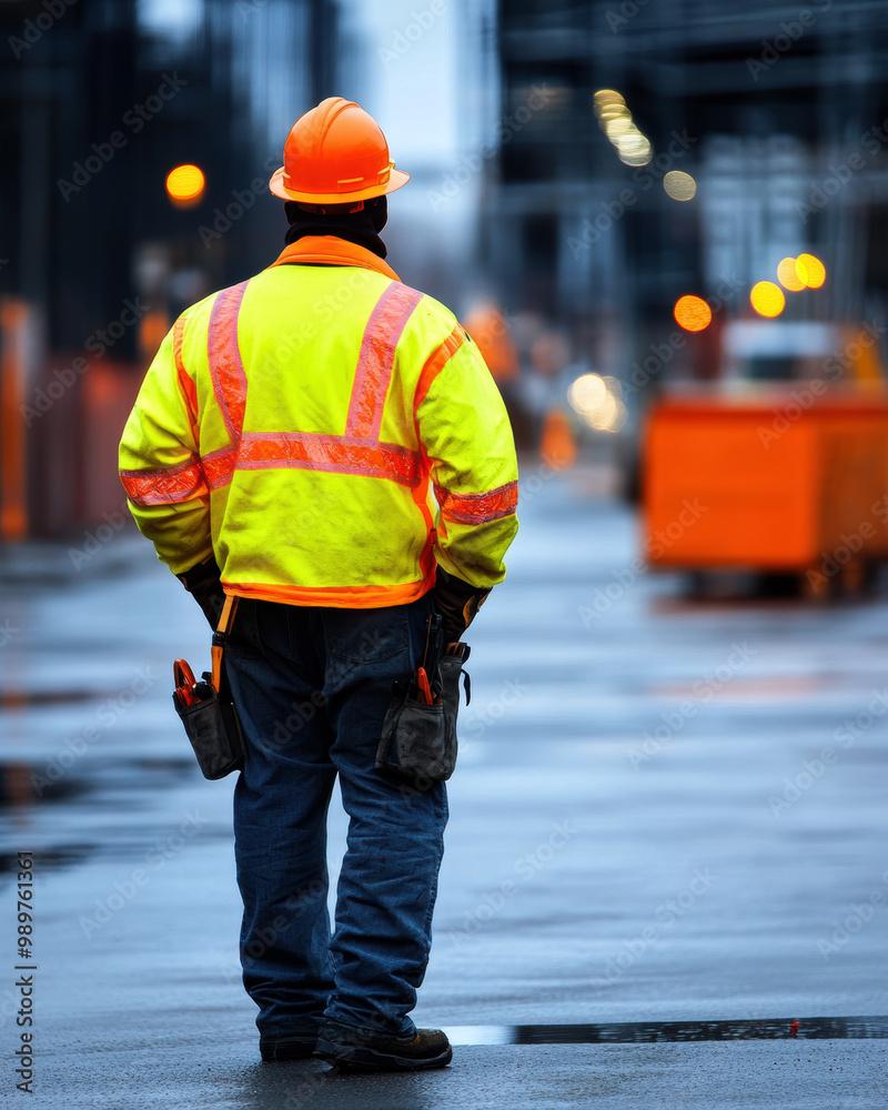 A construction worker stands in a rainy urban setting, wearing a bright yellow safety jacket and helmet, prepared for a day of work in a busy environment.