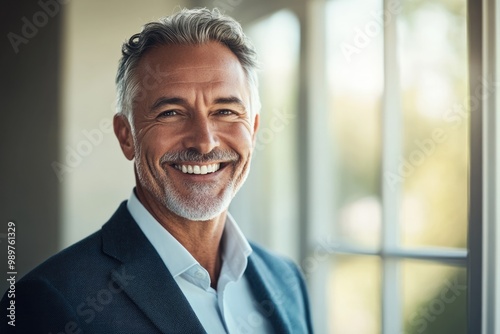 High-resolution brightly lit photorealistic candid photograph of a joyful senior businessman, styled like a high-end lifestyle magazine. The light, bright feel enhances his happiness.