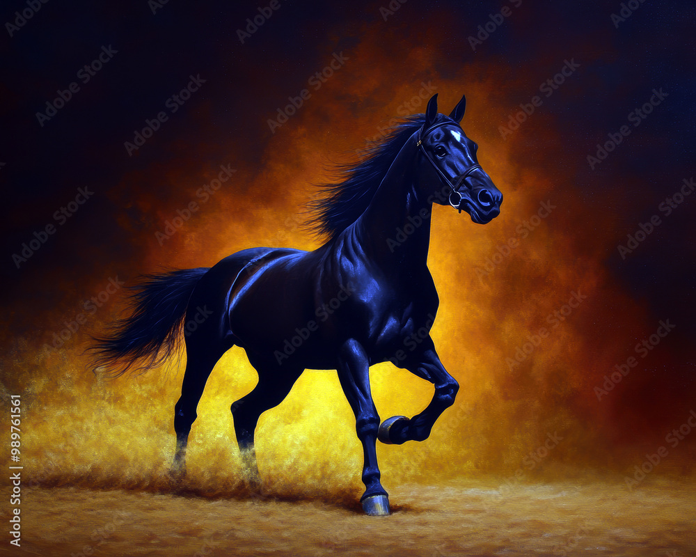 A powerful black stallion gallops through a fiery backdrop, exuding strength and grace. The contrast of dark fur against vibrant orange flames creates a stunning visual impact. A powerful black stallion gallops through a fiery backdrop, exuding strength and grace. The contrast of dark fur against vibrant orange flames creates a stunning visual impact.
