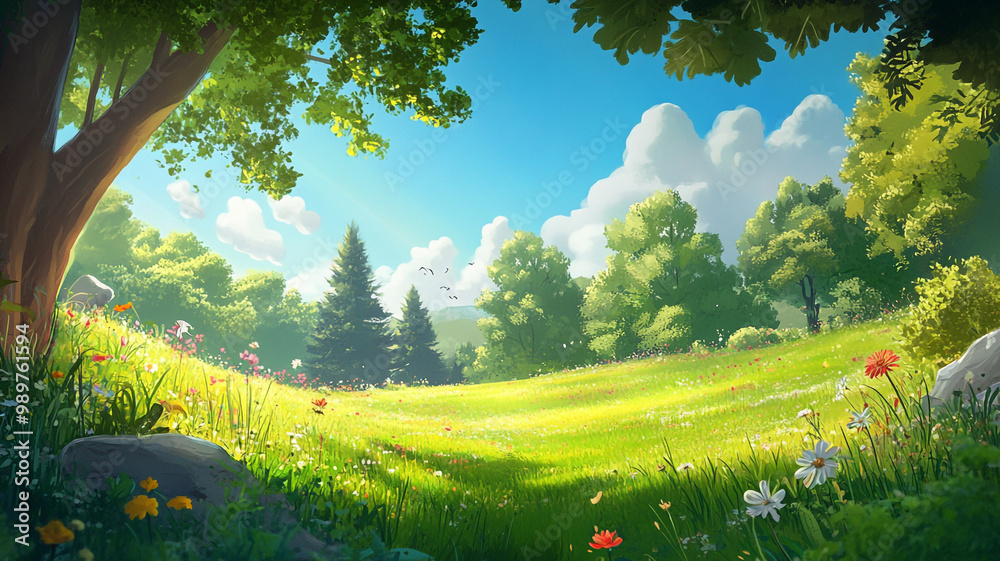 Fototapeta premium A sunny afternoon in a vibrant meadow with blooming flowers and a clear blue sky