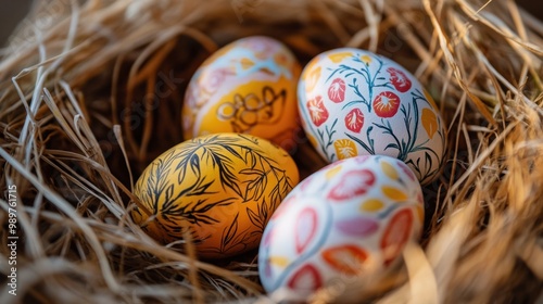 Close-up of painted Easter eggs with detailed designs, arranged in a straw nest.