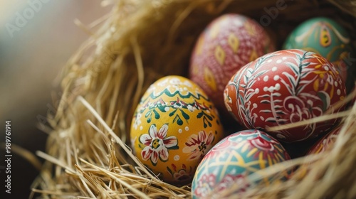 Close-up of painted Easter eggs with detailed designs, arranged in a straw nest.