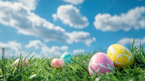 Colorful Easter eggs resting on a bed of fresh green grass, with a clear blue sky and fluffy clouds.