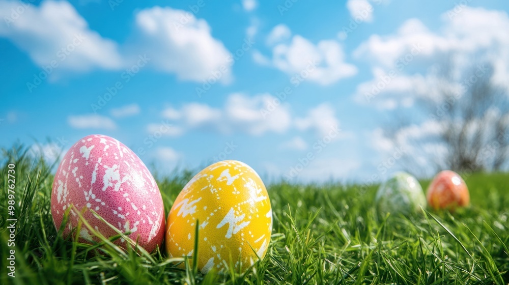 Colorful Easter eggs resting on a bed of fresh green grass, with a clear blue sky and fluffy clouds.