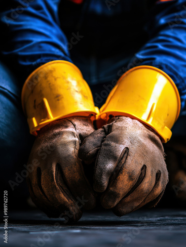 A close-up of a worker?s hands, adorned with worn gloves and yellow cuffs, reflects dedication and the grit involved in manual labor. Every detail tells a story. photo