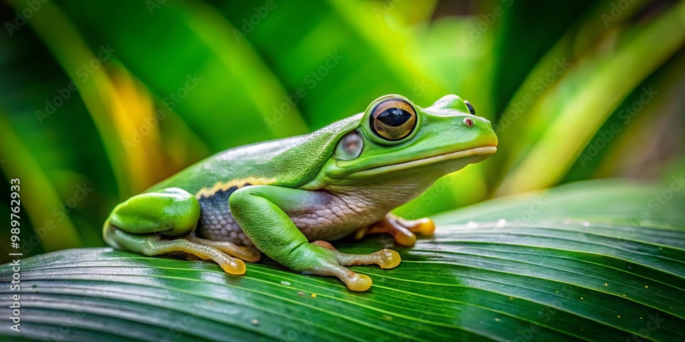 A vibrant green frog with large, golden eyes sits on a lush, green leaf, its skin glistening with moisture in the dappled sunlight. A vibrant green frog with large, golden eyes sits on a lush, green leaf, its skin glistening with moisture in the dappled sunlight.