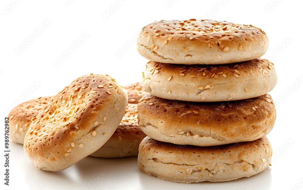 Pile English muffin wheat isolated on white background.